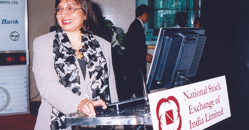 Kiran Mazumdar-Shaw at the National Stock Exchange, Mumbai on the day Biocon went public