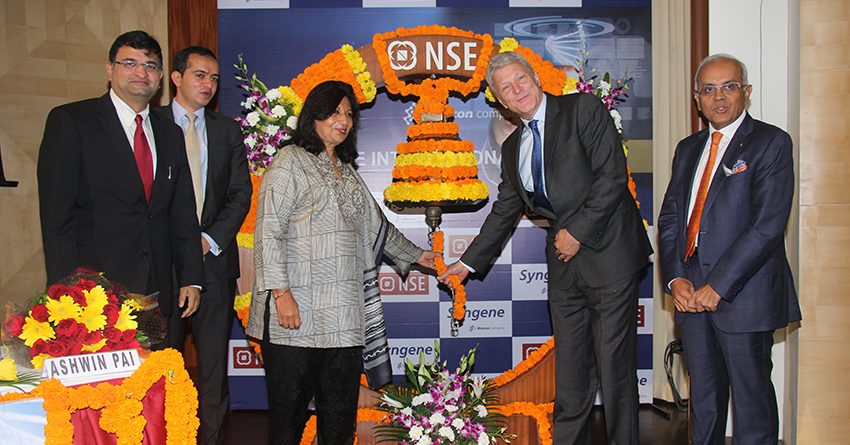 Kiran Mazumdar-Shaw, Peter Bains and other dignitaries at the debut of Syngene on the Indian stock market.