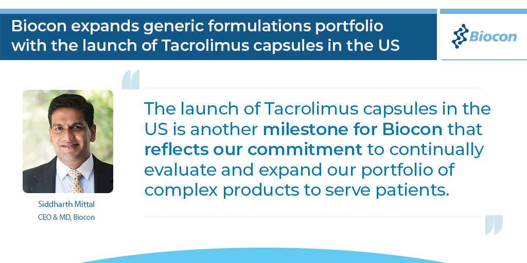 Biocon expands generic formulations portfolio with the launch of Tacrolimus capsules in the US