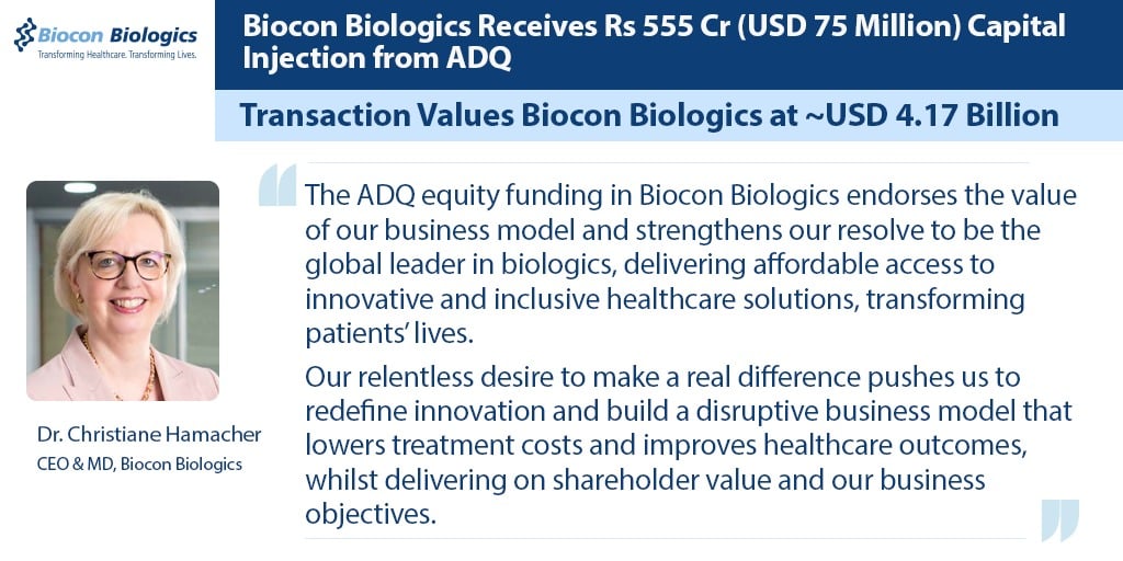 Biocon Biologics Receives Rs 555 Cr (USD 75 Million) Capital Injection from ADQ