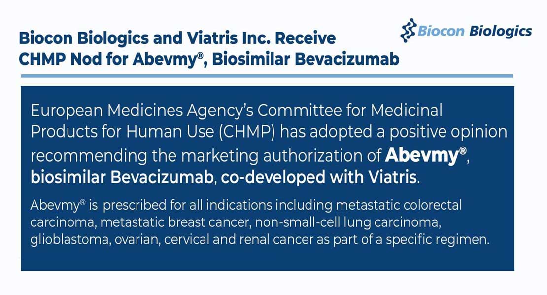 Biocon Biologics and Viatris Inc Receive CHMP Nod for Abevmy a Biosimilar to Avastin Bevacizumab